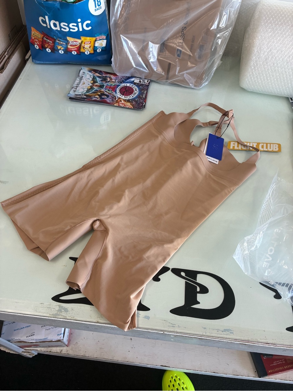 Women’s Honeylove Open Bust Mid Thigh Bodysuit Sand NWT Size XL New